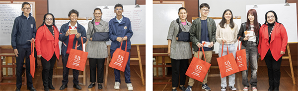 Ganadores del concurso (categorías Colegios y Universidad) en compañía de la decana de la Facultad de Ciencias Jurídicas y Sociales, y de la directora del programa de Comunicación Social