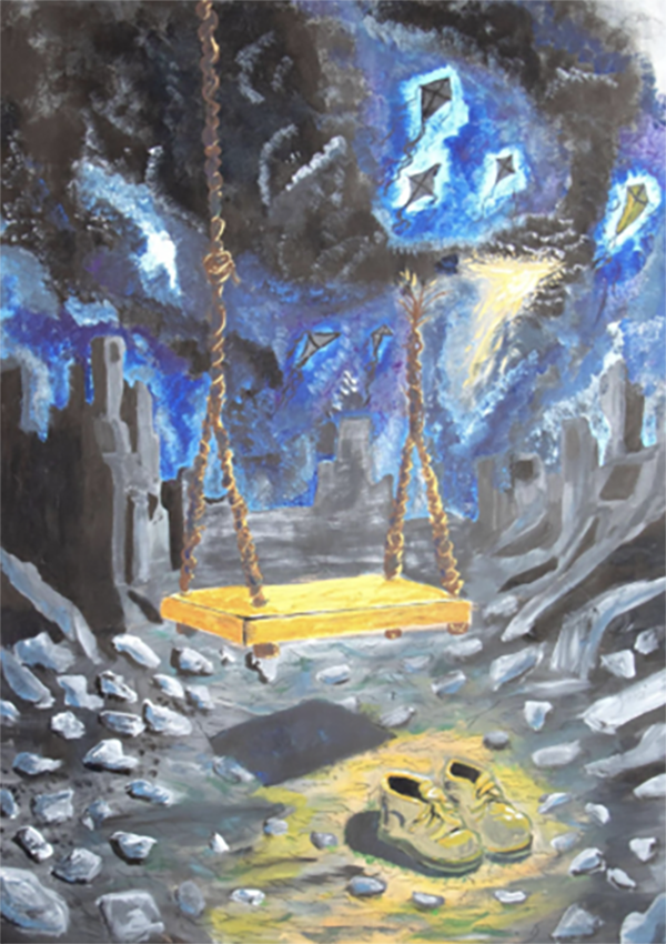 Tercer lugar  Juan Manuel Infante Velazco  Estudiante del Colegio María Inmaculada de Ibagué, Tolima.  Obra “Donde jugaba la esperanza”. 